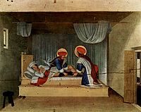 Fresque de Fra Angelico représentant la greffe d'une jambe au Diacre Giustiniano par Saint Côme et Saint Damien